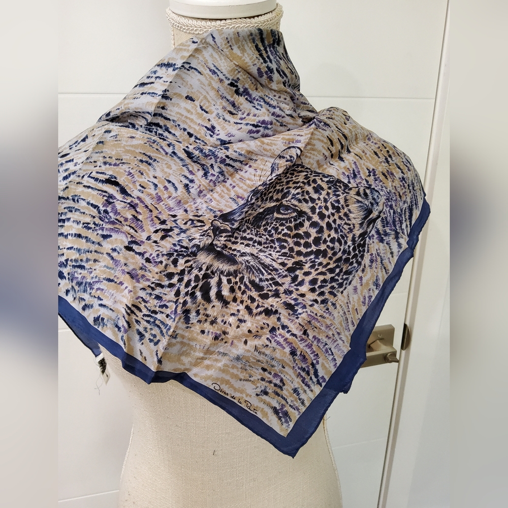 Oscar De La Renta Vintage Leopard Print Scarf in Blue and Tan